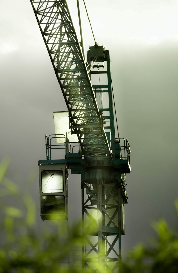 Tall construction crane silhouetted against overcast skies, capturing industrial majesty.